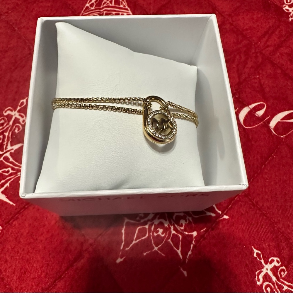 MICHAEL KORS Padlock Yellow Gold Chain Slider Bracelet Crystals MKJ7380710 + BOX